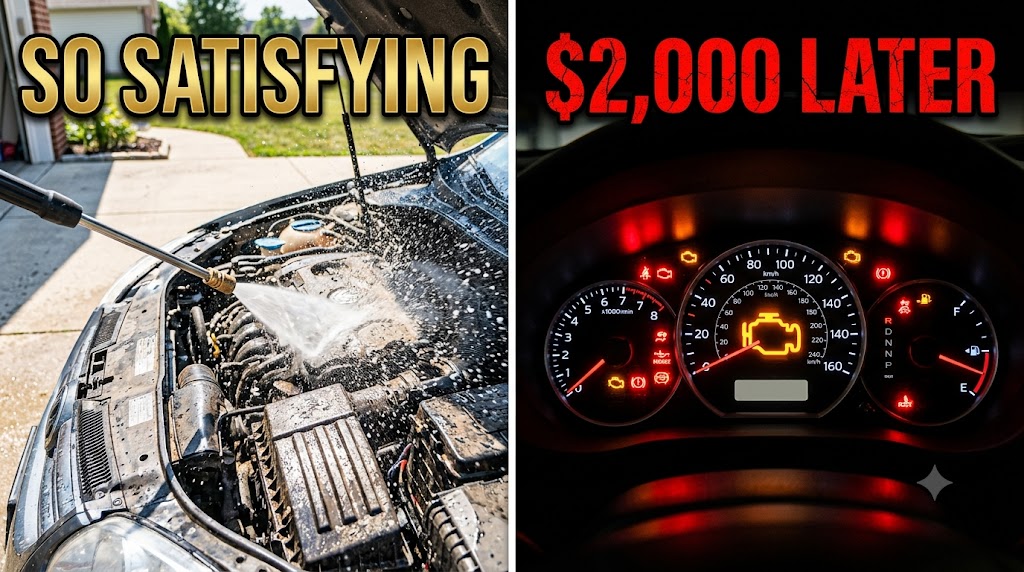 Pressure washing a car engine bay