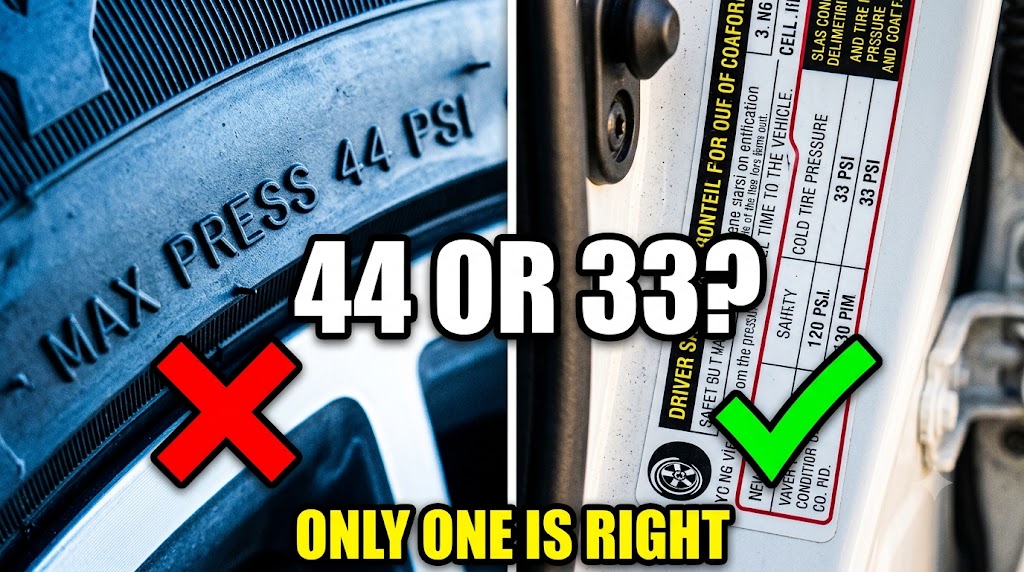 Tire sidewall max pressure marking next to a door jamb placard